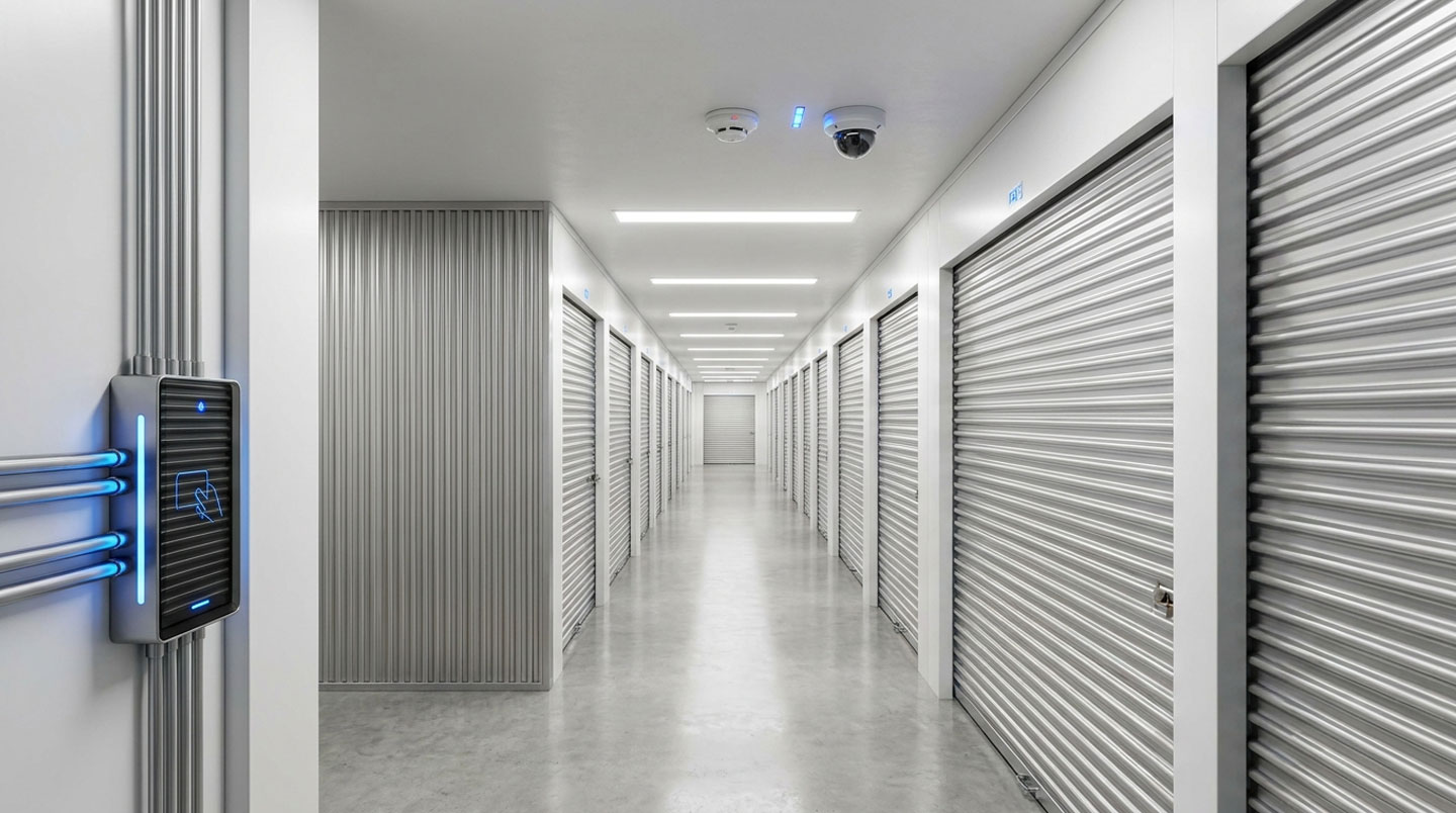 Couloir intérieur de centre de self-stockage avec rangées de boxes orange sécurisés, caméras de surveillance au plafond et éclairage LED professionnel