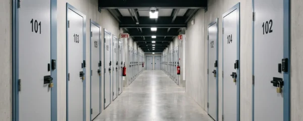 Couloir intérieur d'un centre de self-stockage moderne avec portes de boxes métalliques numérotées, caméra de vidéosurveillance au plafond et éclairage LED