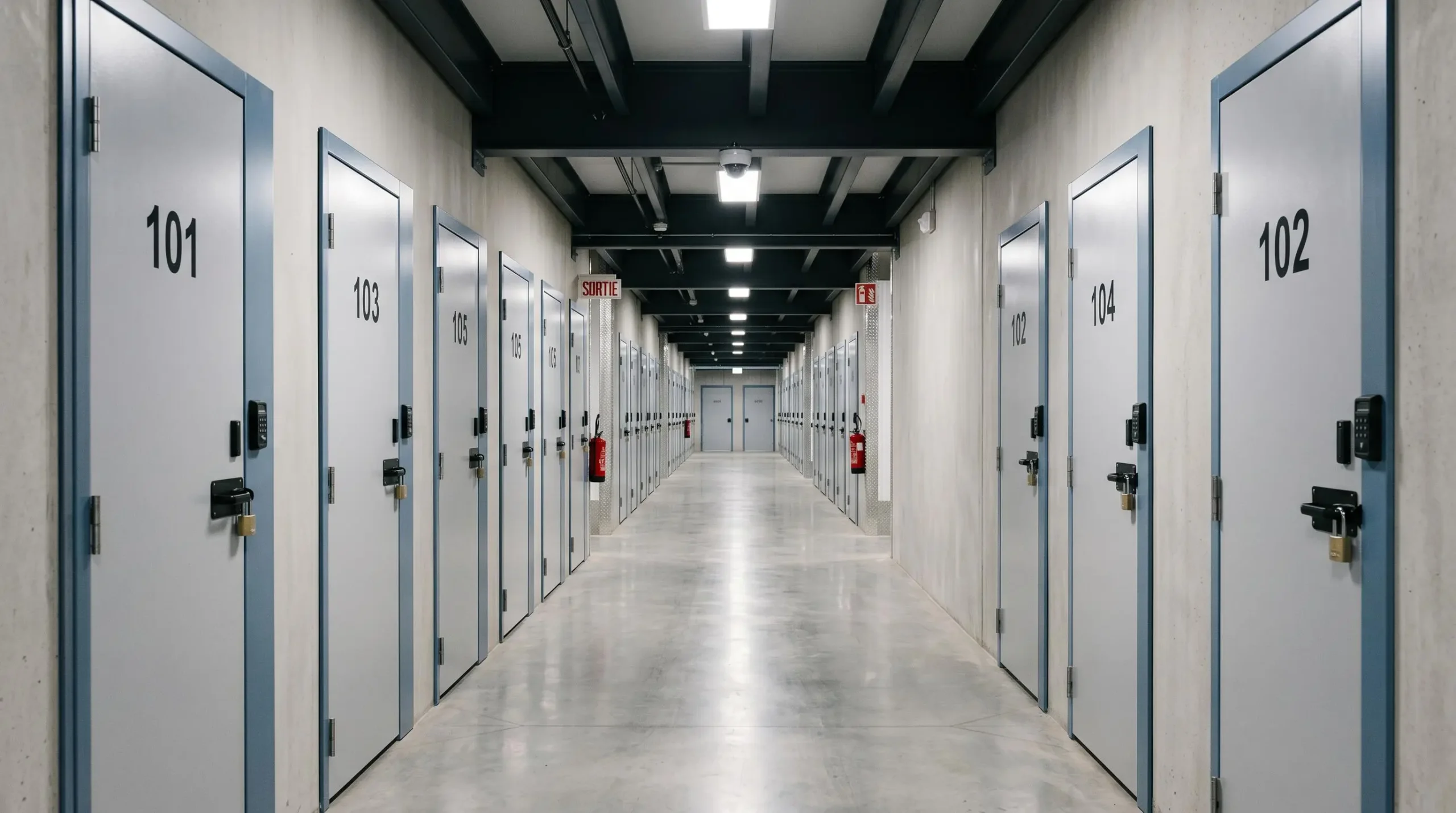 Couloir intérieur d'un centre de self-stockage moderne avec portes de boxes métalliques numérotées, caméra de vidéosurveillance au plafond et éclairage LED