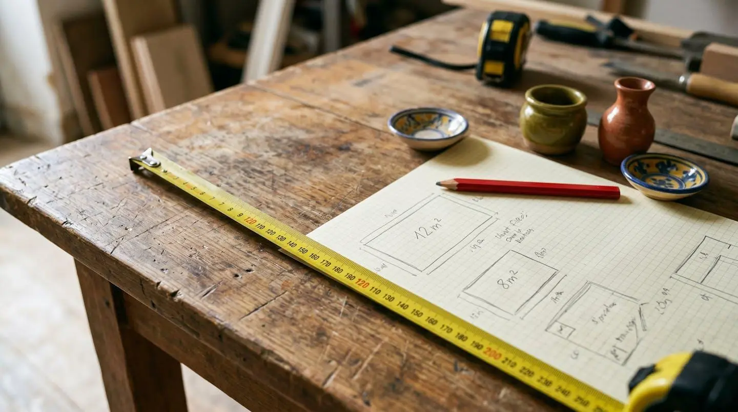 Gros plan sur une table de travail montrant un mètre ruban déroulé avec graduations métriques, une feuille quadrillée avec schéma annoté en m², un crayon de charpentier et petites céramiques servant d'échelle
