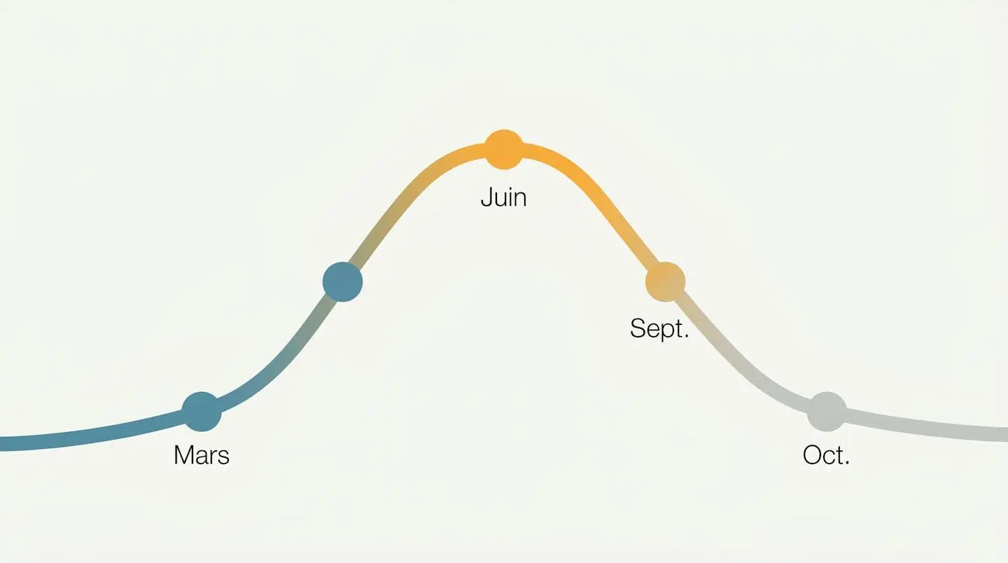 Illustration abstraite montrant une courbe sinusoïdale stylisée avec dégradé de couleurs du bleu-gris au jaune-orange, ponctuée de marqueurs circulaires et annotée avec les mois Mars, Juin, Septembre et Octobre