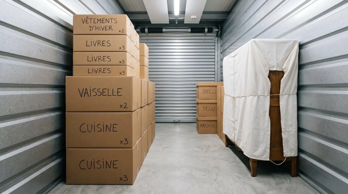 Intérieur d'un box de stockage organisé avec cartons étiquetés empilés par poids, meuble protégé par tissu coton et espace d'aération entre cartons et paroi