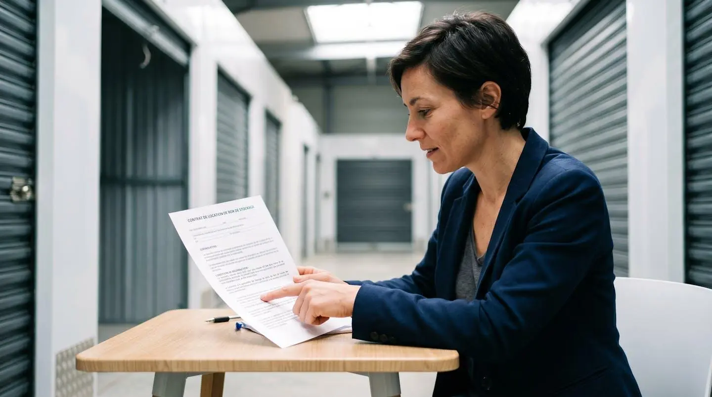 Personne consultant un contrat de location self-stockage sur tablette avec clauses de flexibilité et reconduction mensuelle visibles