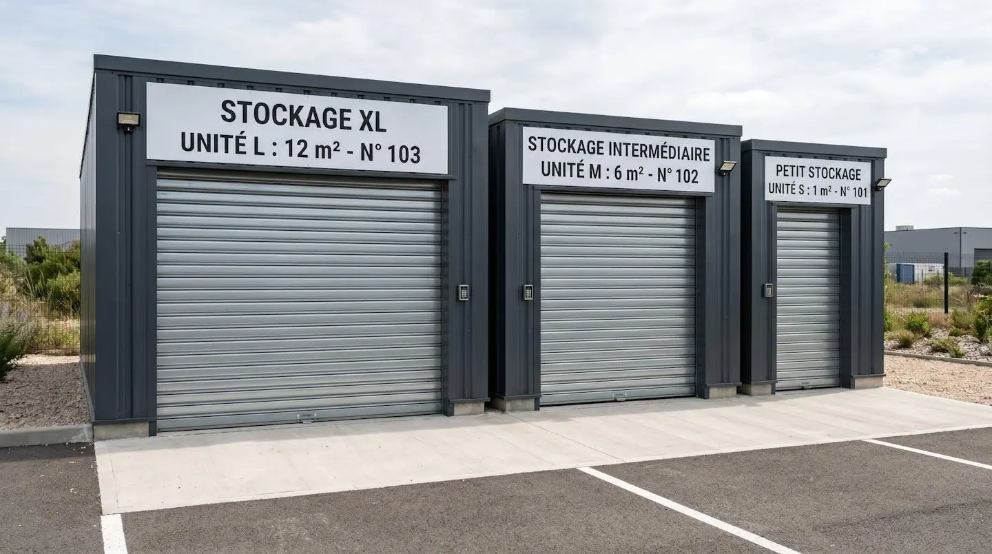 Rangée d'unités de self-stockage de tailles différentes (1m², 6m², 12m²) avec panneaux indiquant les surfaces en français