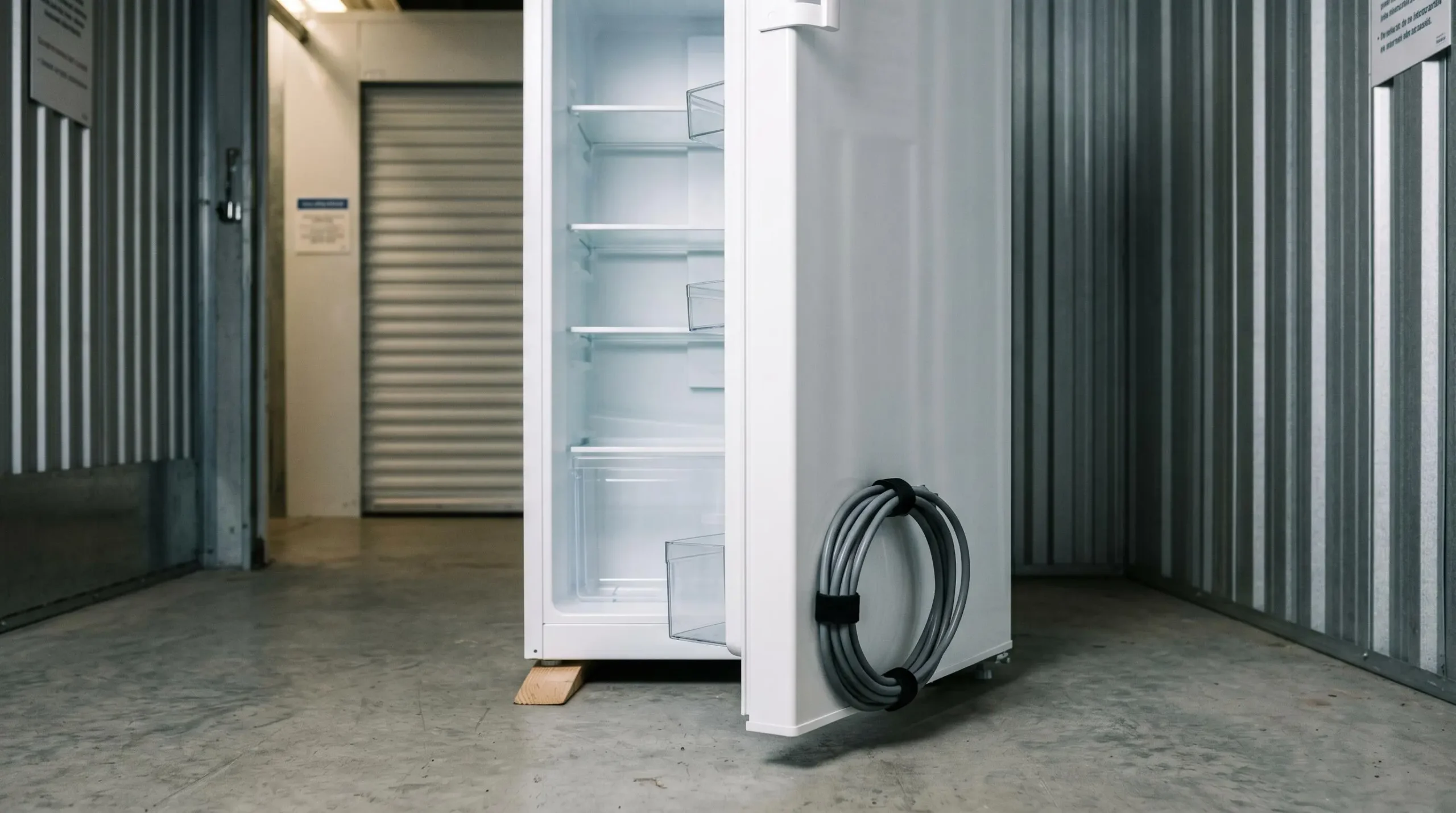 Réfrigérateur blanc avec porte entrouverte, intérieur vide, câble électrique enroulé et fixé, posé sur cales de stabilisation
