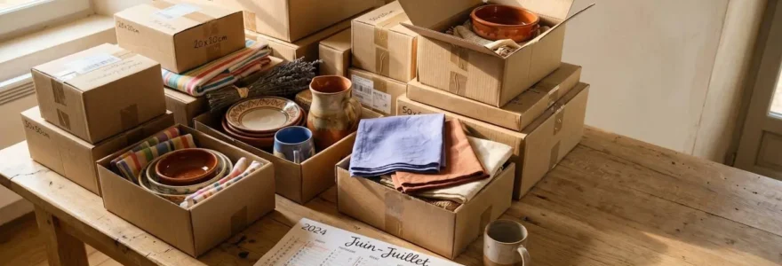 Vue aérienne d'une table en bois clair couverte de boîtes en carton kraft de tailles variées, certaines ouvertes montrant des céramiques et textiles artisanaux, avec un calendrier papier au premier plan marqué de cercles rouges