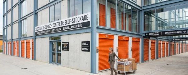 Vue extérieure d'un centre de self-stockage moderne en France avec rangées d'unités sécurisées à portes orange, allée bétonnée et client avec chariot de manutention