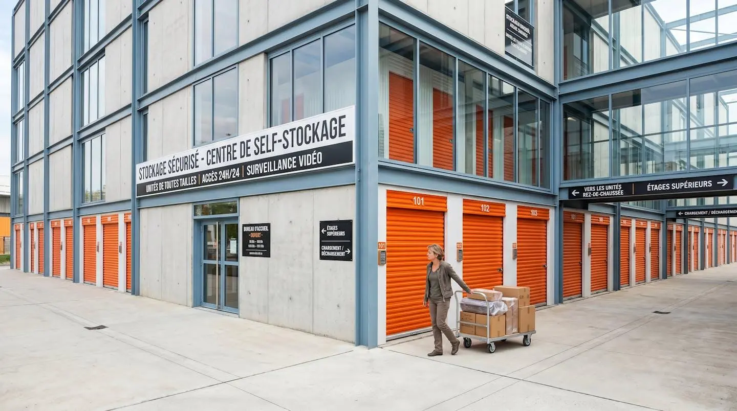 Vue extérieure d'un centre de self-stockage moderne en France avec rangées d'unités sécurisées à portes orange, allée bétonnée et client avec chariot de manutention